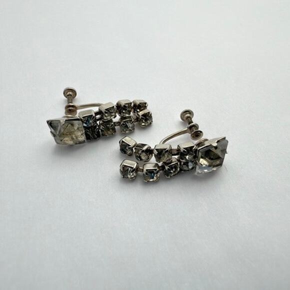Vintage 30s Art Deco Rhinestone Earrings Silver Tone Screw Back Cascade - Picture 2 of 7